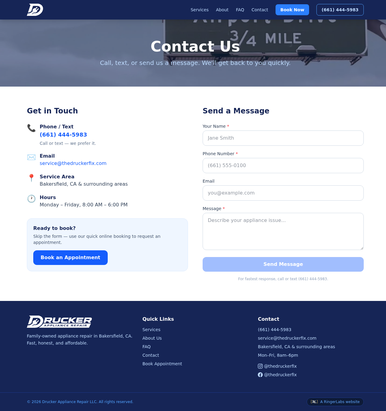 Drucker Appliance Repair — Contact page