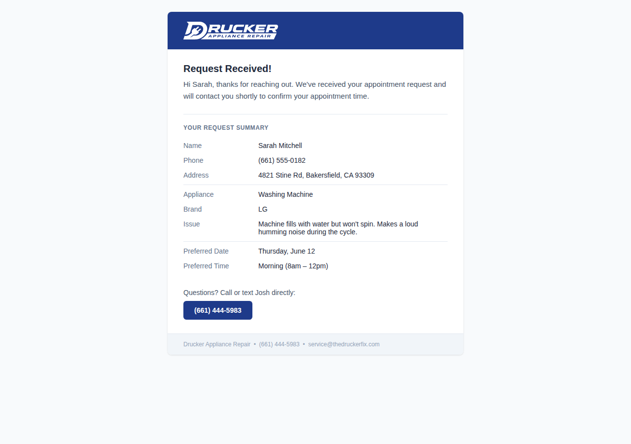 Drucker Appliance Repair — Email Confirm page