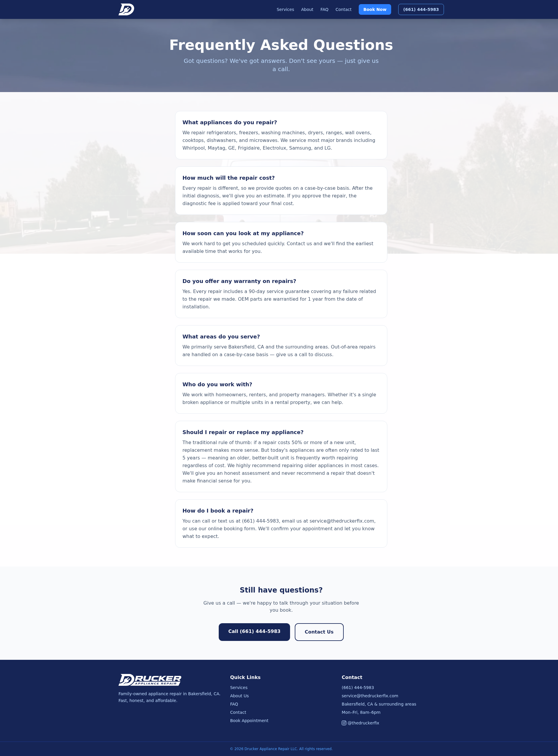 Drucker Appliance Repair — FAQ page